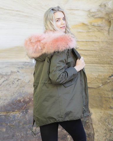 Green parka jacket with pink fur hood sale